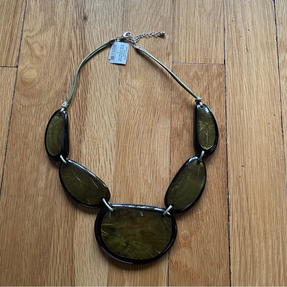 NWT- Olive Green Stone Necklace with Silver Chain